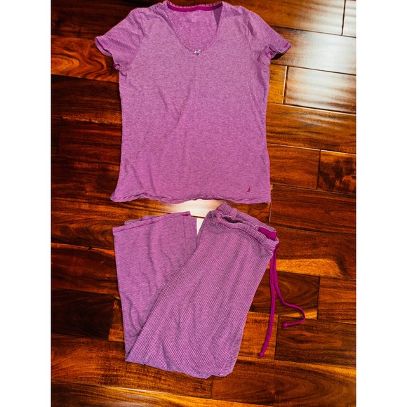Nautica Other - Nautica Pajama Set Womens Medium Pink Striped Excellent V-Neck Anchor Charm 2pc